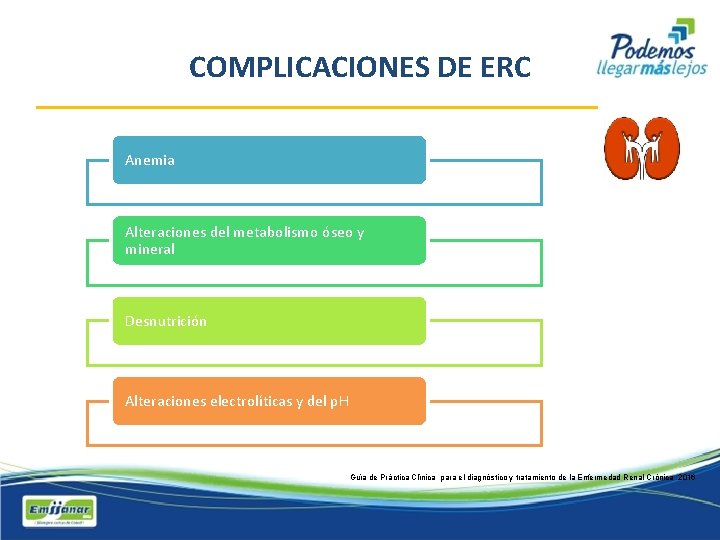 COMPLICACIONES DE ERC Anemia Alteraciones del metabolismo óseo y mineral Desnutrición Alteraciones electrolíticas y