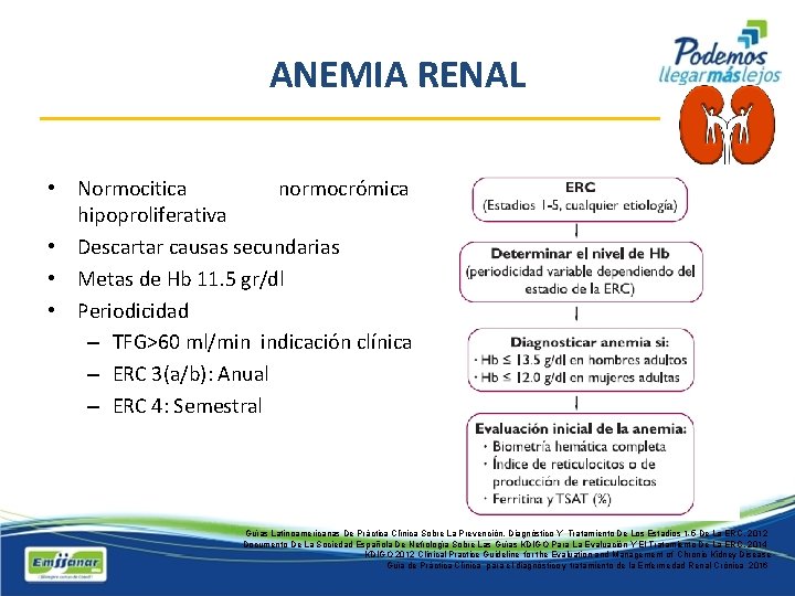 ANEMIA RENAL • Normocitica normocrómica hipoproliferativa • Descartar causas secundarias • Metas de Hb