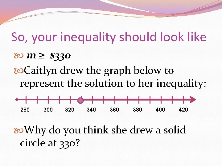 So, your inequality should look like m ≥ $330 Caitlyn drew the graph below