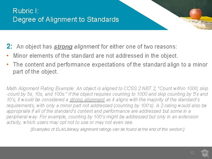 Rubric I: Degree of Alignment to Standards 2: An object has strong alignment for