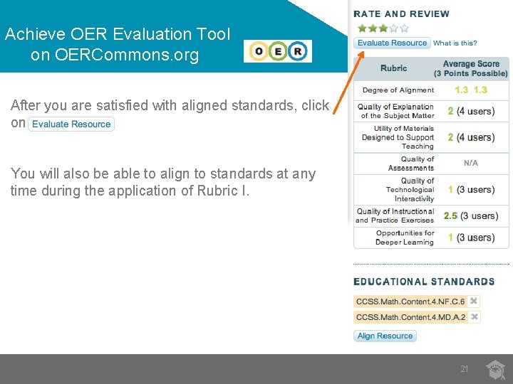 Achieve OER Evaluation Tool on OERCommons. org After you are satisfied with aligned standards,