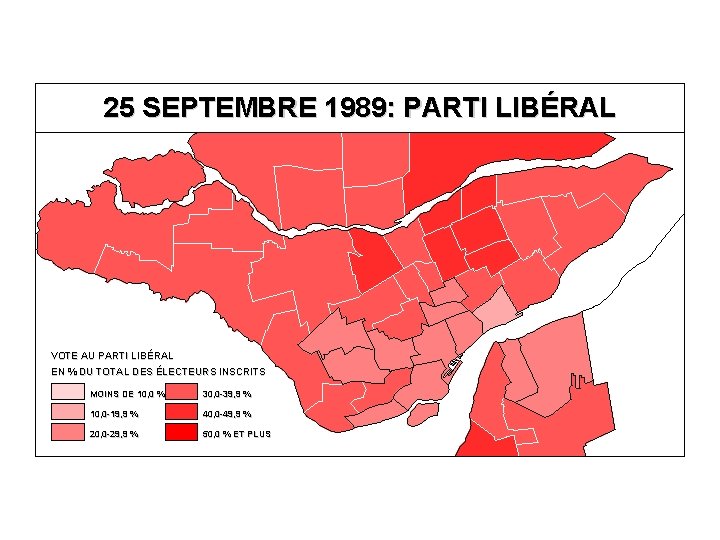 25 SEPTEMBRE 1989: PARTI LIBÉRAL VOTE AU PARTI LIBÉRAL EN % DU TOTAL DES