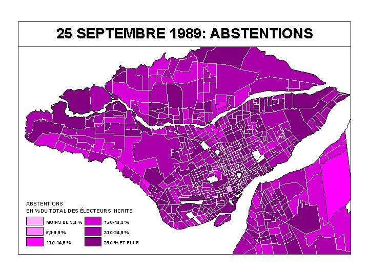 25 SEPTEMBRE 1989: ABSTENTIONS EN % DU TOTAL DES ÉLECTEURS INCRITS MOINS DE 5,