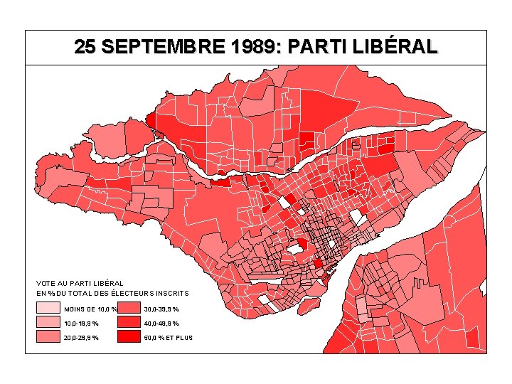 25 SEPTEMBRE 1989: PARTI LIBÉRAL VOTE AU PARTI LIBÉRAL EN % DU TOTAL DES