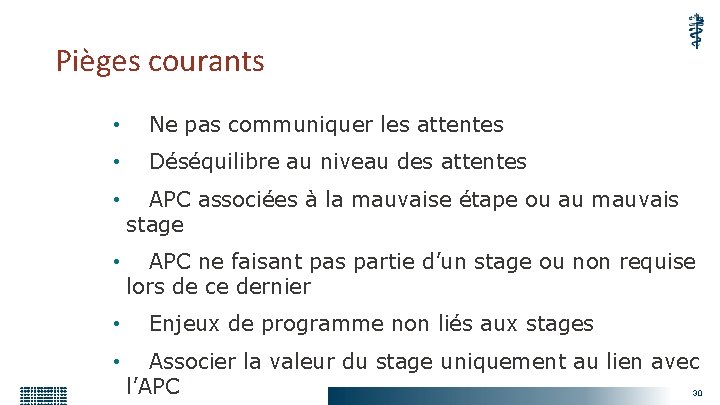 Pièges courants • Ne pas communiquer les attentes • Déséquilibre au niveau des attentes