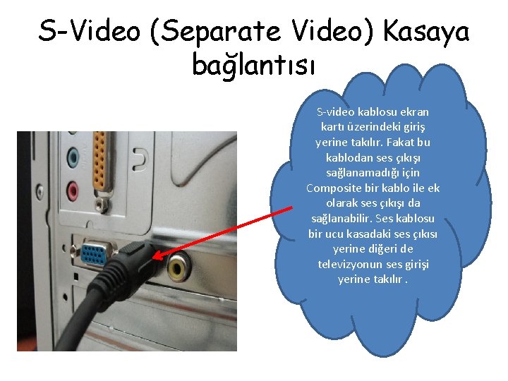 S-Video (Separate Video) Kasaya bağlantısı S-video kablosu ekran kartı üzerindeki giriş yerine takılır. Fakat