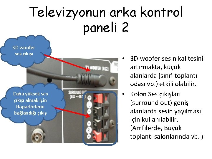 Televizyonun arka kontrol paneli 2 3 D woofer ses çıkışı Daha yüksek ses çıkışı