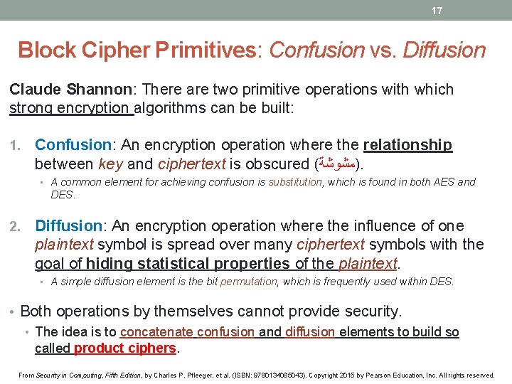 17 Block Cipher Primitives: Confusion vs. Diffusion Claude Shannon: There are two primitive operations