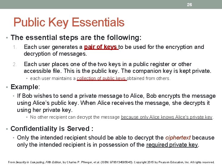 26 Public Key Essentials • The essential steps are the following: 1. Each user