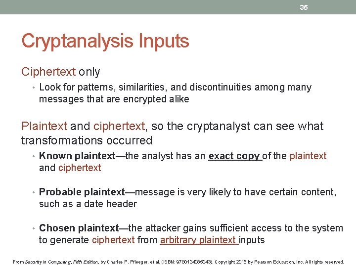 35 Cryptanalysis Inputs Ciphertext only • Look for patterns, similarities, and discontinuities among many