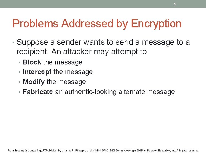 4 Problems Addressed by Encryption • Suppose a sender wants to send a message