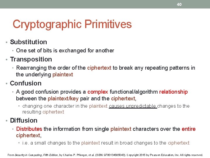 40 Cryptographic Primitives • Substitution • One set of bits is exchanged for another