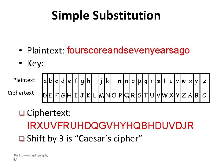 Simple Substitution • Plaintext: fourscoreandsevenyearsago • Key: Plaintext ab c d e f g