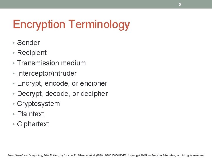 5 Encryption Terminology • Sender • Recipient • Transmission medium • Interceptor/intruder • Encrypt,