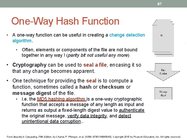 67 One-Way Hash Function • A one-way function can be useful in creating a