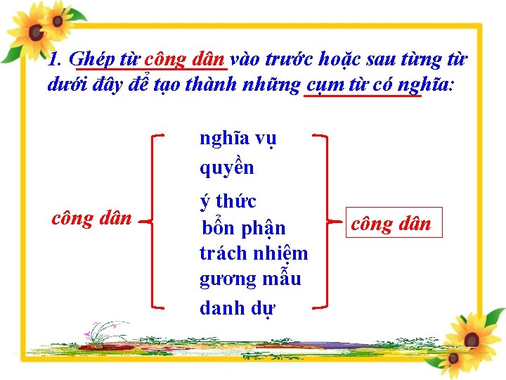 1. Ghép từ công dân vào trước hoặc sau từng từ dưới đây để 1. Ghép từ công dân vào trước hoặc sau từng từ dưới đây để