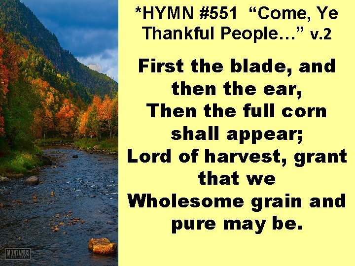 *HYMN #551 “Come, Ye Thankful People…” v. 2 First the blade, and then the