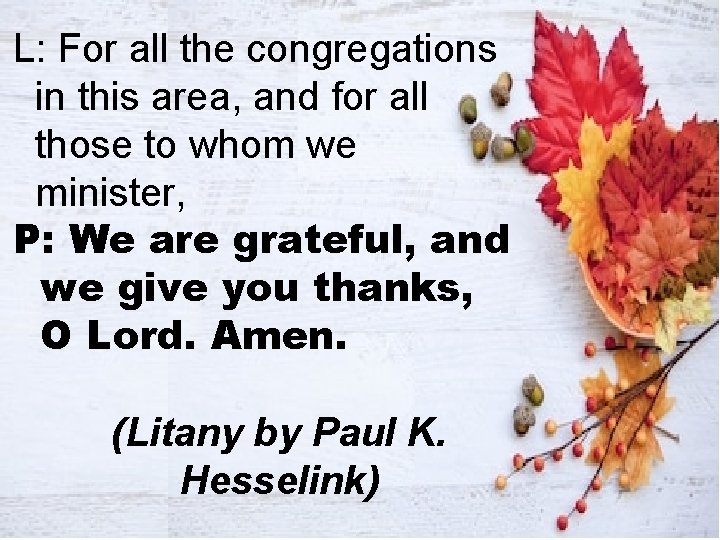 L: For all the congregations in this area, and for all those to whom