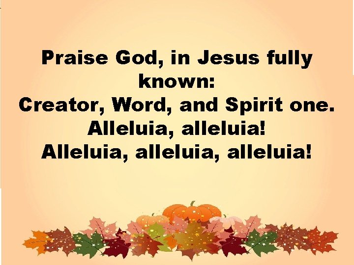 Praise God, in Jesus fully known: Creator, Word, and Spirit one. Alleluia, alleluia! 