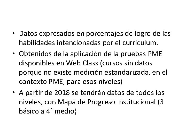 • Datos expresados en porcentajes de logro de las habilidades intencionadas por el • Datos expresados en porcentajes de logro de las habilidades intencionadas por el