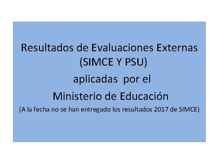 Resultados de Evaluaciones Externas (SIMCE Y PSU) aplicadas por el Ministerio de Educación (A