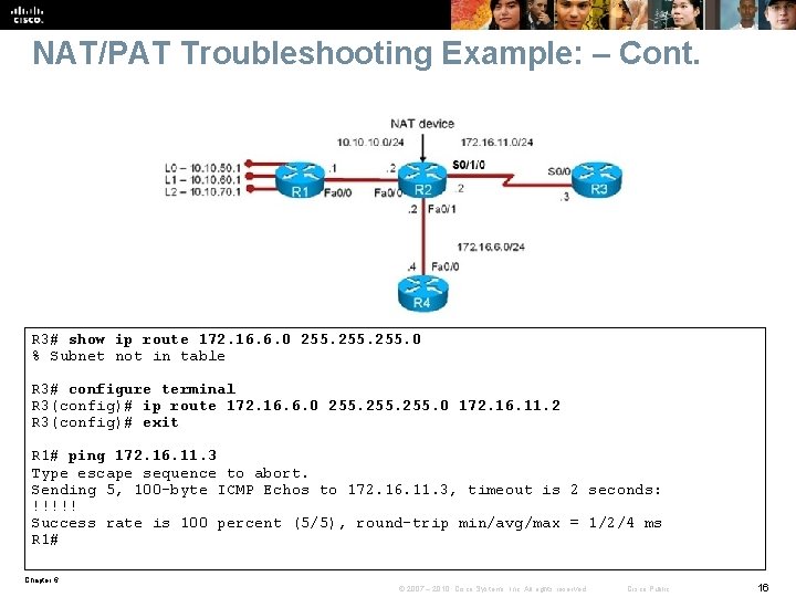 NAT/PAT Troubleshooting Example: – Cont. R 3# show ip route 172. 16. 6. 0
