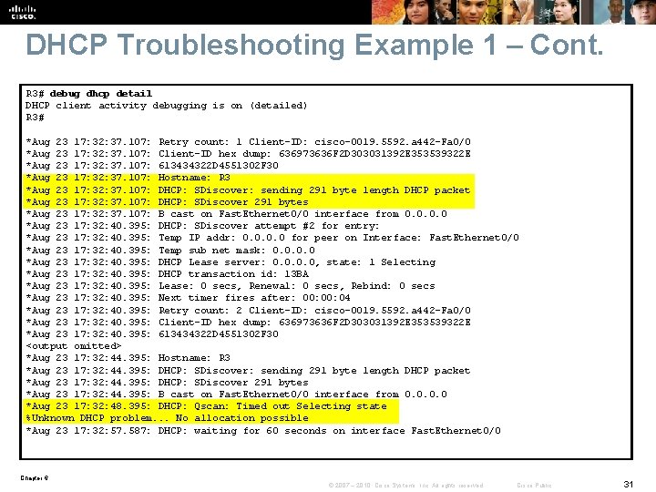 DHCP Troubleshooting Example 1 – Cont. R 3# debug dhcp detail DHCP client activity