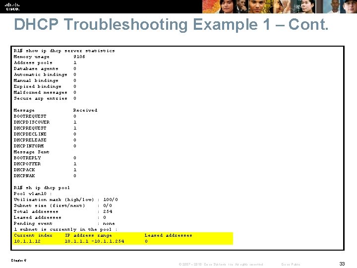 DHCP Troubleshooting Example 1 – Cont. R 1# show ip dhcp server statistics Memory