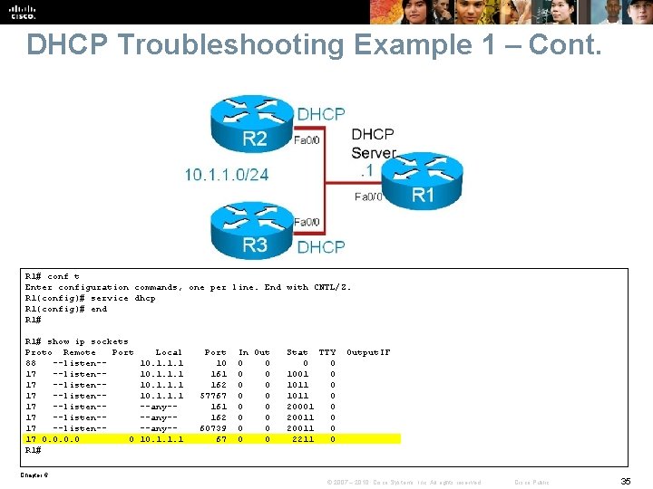 DHCP Troubleshooting Example 1 – Cont. R 1# conf t Enter configuration commands, one