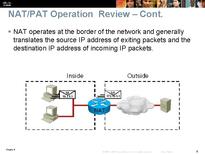 NAT/PAT Operation Review – Cont. § NAT operates at the border of the network