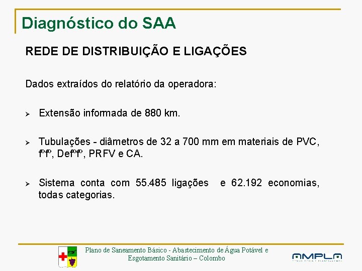 Diagnóstico do SAA REDE DE DISTRIBUIÇÃO E LIGAÇÕES Dados extraídos do relatório da operadora: