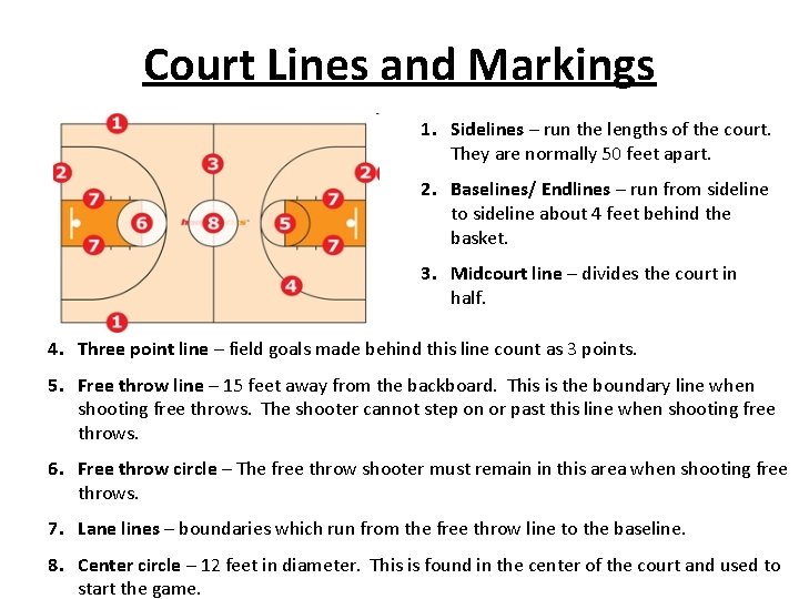 Court Lines and Markings 1. Sidelines – run the lengths of the court. They