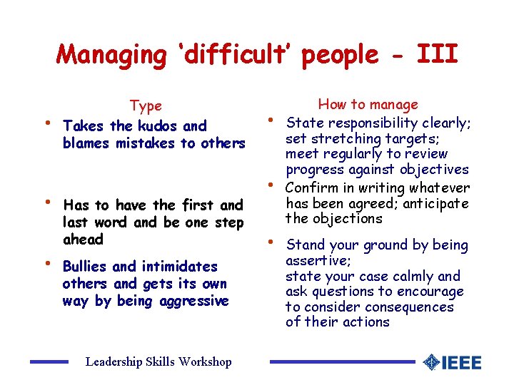 Managing ‘difficult’ people - III • • • Type Takes the kudos and blames