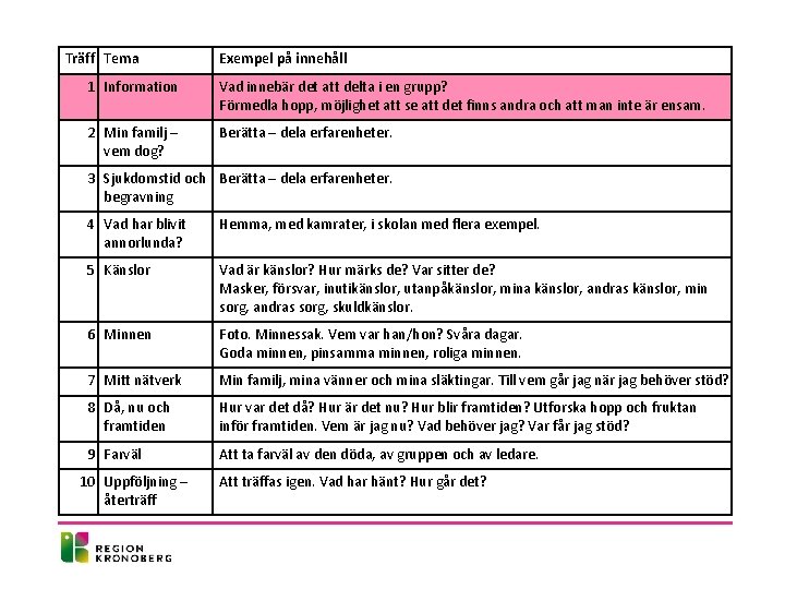 Träff Tema Exempel på innehåll 1 Information Vad innebär det att delta i en