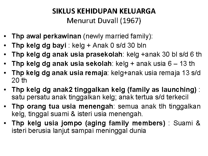 SIKLUS KEHIDUPAN KELUARGA Menurut Duvall (1967) • • • Thp awal perkawinan (newly married