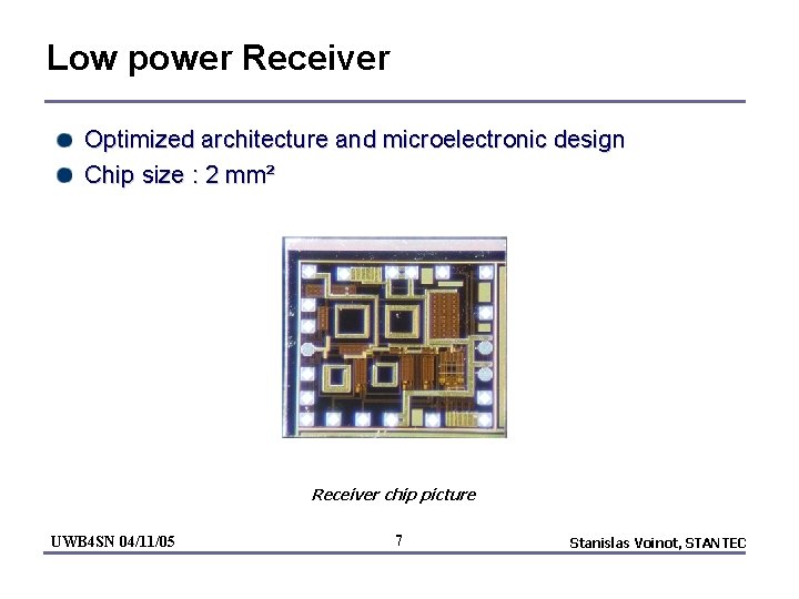 Low power Receiver Optimized architecture and microelectronic design Chip size : 2 mm² Receiver