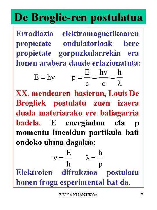 De Broglie-ren postulatua Erradiazio elektromagnetikoaren propietate ondulatorioak bere propietate gorpuzkularrekin era honen arabera daude