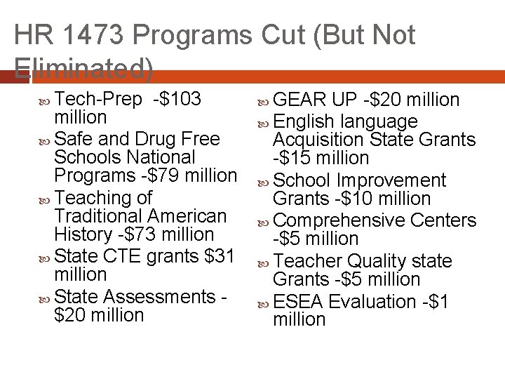 HR 1473 Programs Cut (But Not Eliminated) Tech-Prep -$103 million Safe and Drug Free