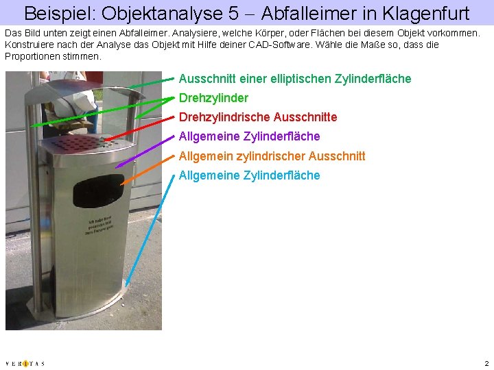 Beispiel: Objektanalyse 5 Abfalleimer in Klagenfurt Das Bild unten zeigt einen Abfalleimer. Analysiere, welche