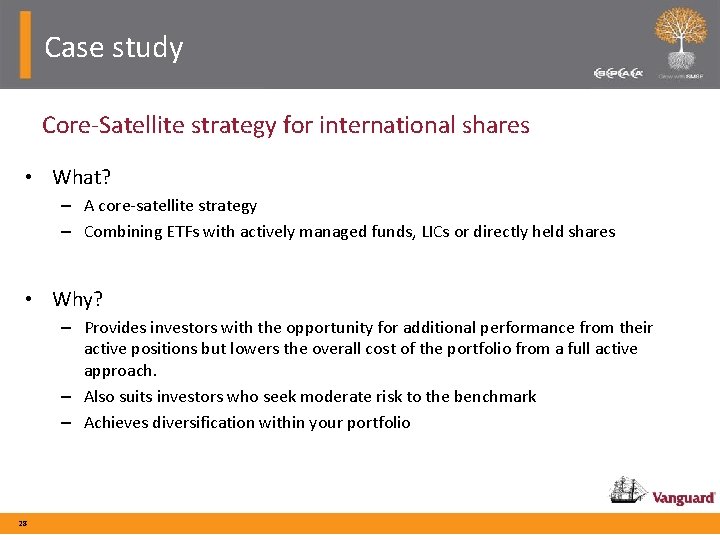 Case study Core-Satellite strategy for international shares • What? – A core-satellite strategy –