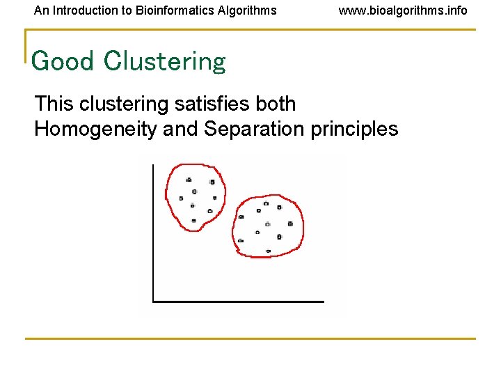 An Introduction to Bioinformatics Algorithms www. bioalgorithms. info Good Clustering This clustering satisfies both An Introduction to Bioinformatics Algorithms www. bioalgorithms. info Good Clustering This clustering satisfies both