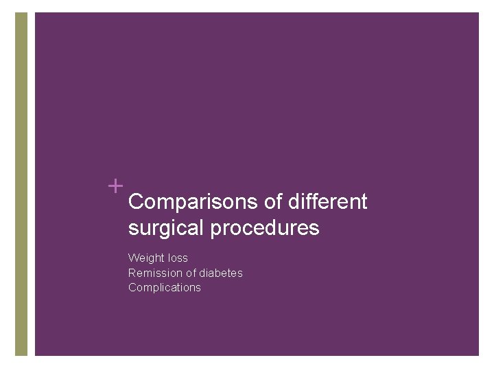 + Comparisons of different surgical procedures Weight loss Remission of diabetes Complications 