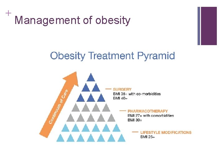 + Management of obesity n Dieting n Exercise n Weight loss programs n Medication