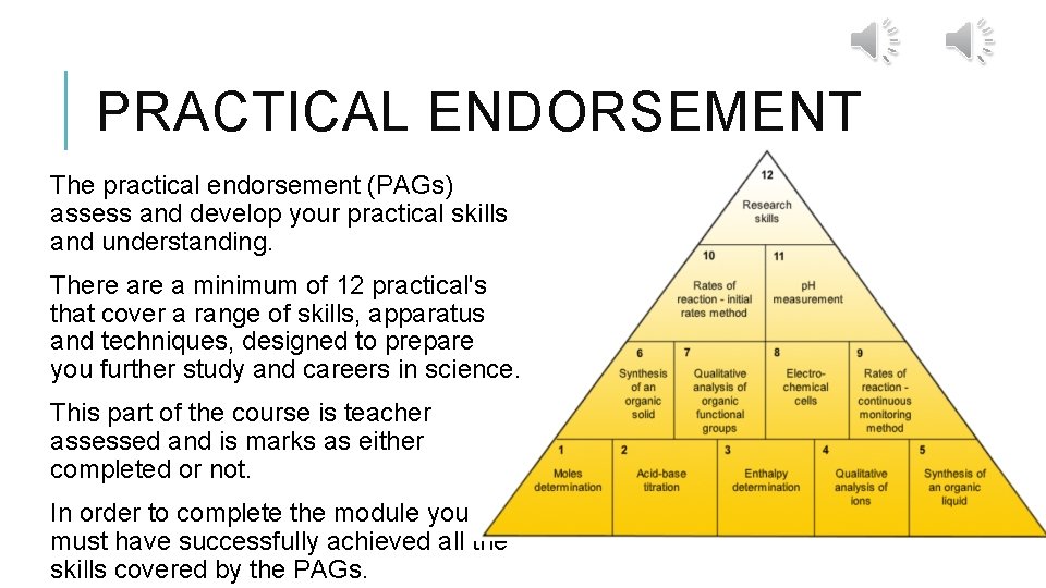 PRACTICAL ENDORSEMENT The practical endorsement (PAGs) assess and develop your practical skills and understanding.