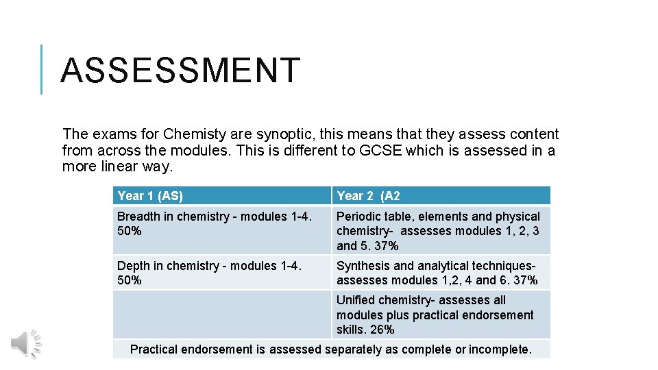 ASSESSMENT The exams for Chemisty are synoptic, this means that they assess content from