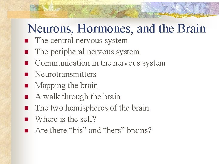 Neurons, Hormones, and the Brain n n n n The central nervous system The