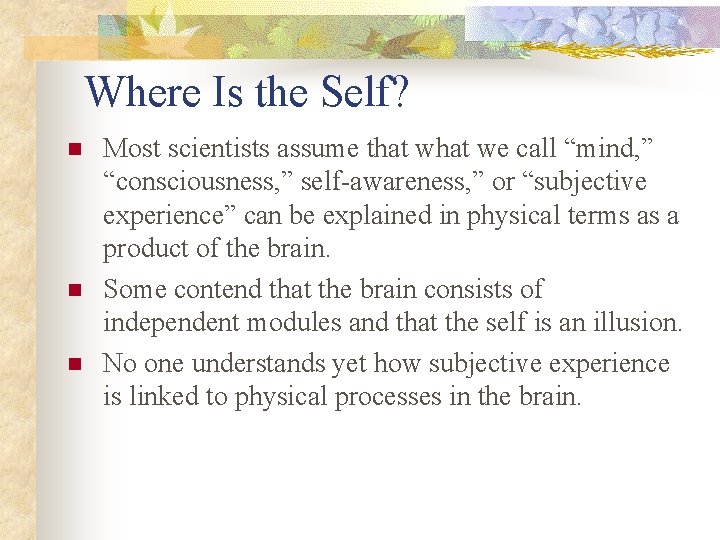 Where Is the Self? n n n Most scientists assume that we call “mind,