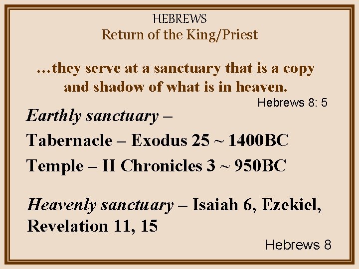 HEBREWS Return of the King/Priest …they serve at a sanctuary that is a copy
