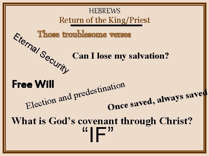HEBREWS Return of the King/Priest Et ern al Those troublesome verses Se cu ri