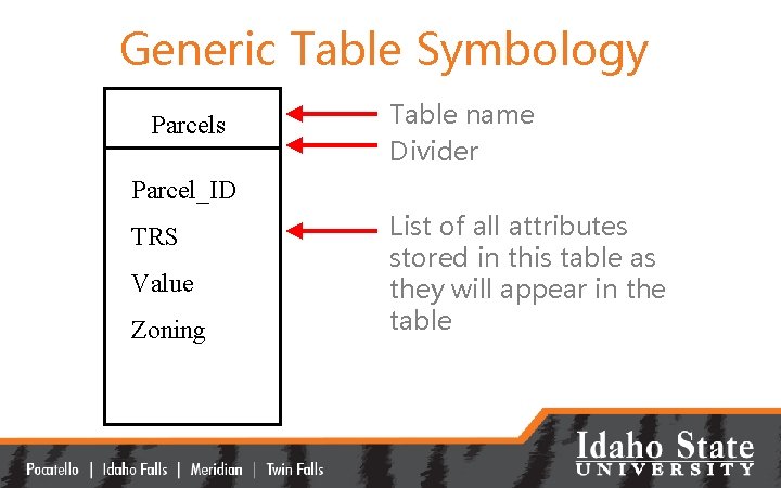 Generic Table Symbology Parcels Table name Divider Parcel_ID TRS Value Zoning List of all